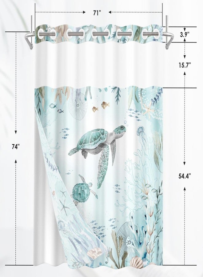 Nesphy No Hook Nautical Blue Sea Turtles Shower Curtain with Snap in Fabric Liner Set, Ocean Beach Double Layers Waterproof Fabric with See Through Top Window Open Grommet Bath Curtain 71x74 Inch - Image 2